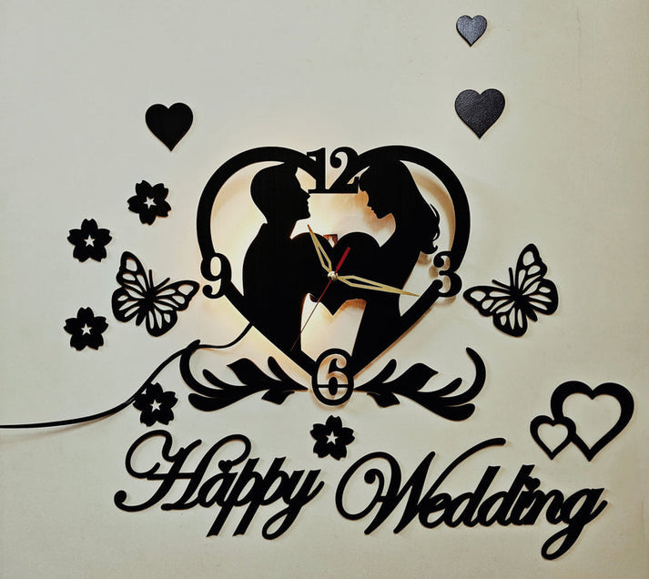 Stylish Happy Wedding Wooden Wall Clock With Light A42